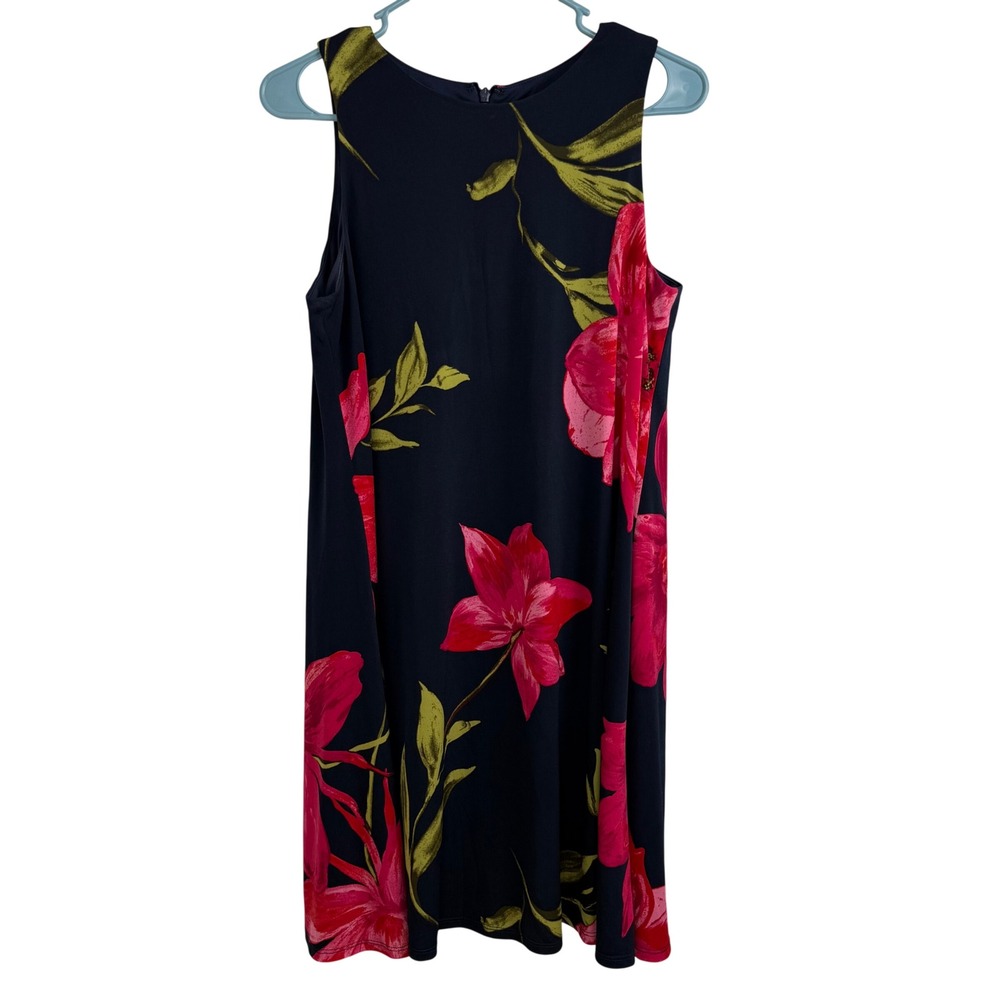 Anne Klein Floral Shift Dress Womens 8 Navy‎ Pink Sleeveless Knee Length Lined